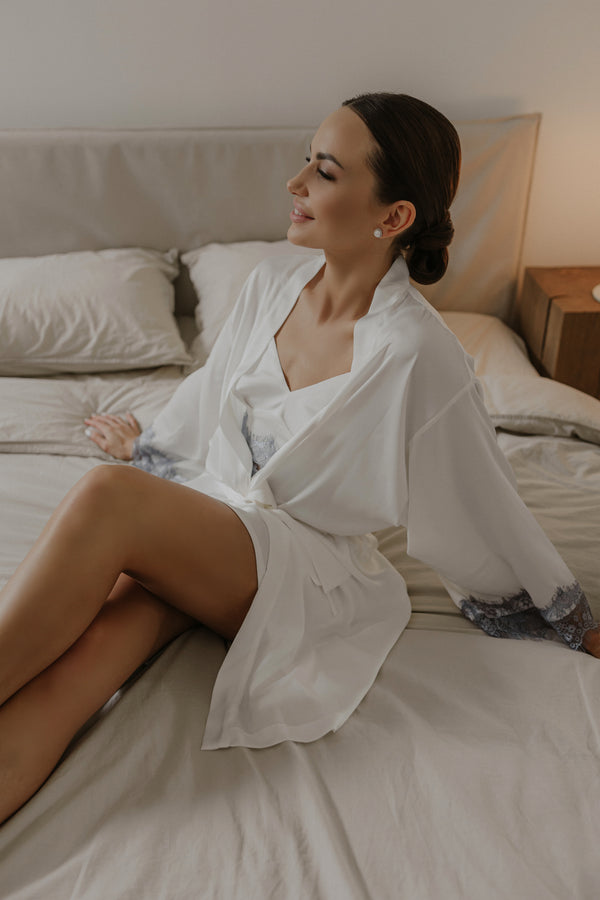 White nighties and robe with lace + initials